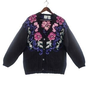 CHU Womens Floral Handknit Cardigan L Black Pink Ramie Cotton Cable Knit Vintage